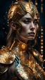Placeholder: 8k, RAW photo, highest quality), hyperrealistic, intricate abstract, intricate artwork, abstract style, mesmerizing portrait of a woman with golden armor, delicate diamond patterns, armor from another world, insanely detailed features, reflecting lights, glimmering lights, dark elements, shiny, bioluminescence, non-representational, colors and shapes, expression of feelings, imaginative, highly detailed, extremely high-resolution details, photographic, realism pushed to extreme, fine texture, 4k