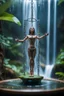 Placeholder: close up on action figure of a glossed and transparent chained and crucified electric female opera yoga master on round swamp transparent glass boat eye throne in a charged foggy jungle starry waterfall, blur background to make character pop out