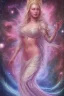 Placeholder: Create an image of a full body cosmic Goddess. The goddess should be depicted as a beautiful and powerful figure, surrounded by cosmic stars. Her hair should be long, blond and flowing, and she should be dressed in a flowing gown blue celestial robe. In the background, include imagery of pink flowers, blue sky,trees. The image should evoke a sense of joy, celebration, and spiritual connection to nature.