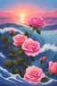 Placeholder: The image features three roses floating on a wave in front of a sunset. The roses are pink and purple, with blue and pink hues in the background. The wave is white and blue, and there are pink petals in the water. The sun is in the top left corner, and the sky is purple.