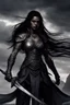 Placeholder: SA female elf with skin the color of storm clouds, deep grey, stands ready for battle. Her long black hair flows behind her like a shadow, while her eyes gleam with a fierce silver light. Despite the grim set of her mouth, there's a undeniable beauty in her fierce countenance. She's been in a fight, evidenced by the ragged state of her leather armor and the red cape that's seen better days, edges frayed and torn. In her hands, she grips two daggers, add dark shadow mystic purple flames