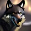 Placeholder: black alpha wolf baring teeth photorealistic