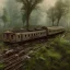 Placeholder: an abandoned train on tracks overgrown by nature with large puddles of water flooding part of tracks, 8k resolution, high-quality, fine-detail, intricate, digital art, detailed matte, volumetric lighting, illustration, 3D octane render, brian froud, howard lyon, selina french, anna dittmann, annie stokes, lisa parker, greg rutowski