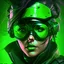 Placeholder: portrait of a woman cyberpunk green helmet glasses fat