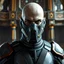 Placeholder: bald male corellian jedi wearing gunmetal grey and black old republic armored flightsuit and breath mask with gold and metallic red trim inside the jedi temple, centered head and shoulders portrait, hyperdetailed, dynamic lighting, hyperdetailed background, 8k resolution, volumetric lighting, light skin, fully symmetric details