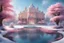 Placeholder: on a island, in a snowy and bright landscape a magnificent palace, tall trees, delicate flowers a pond in the foreground, a fountain, snowflakes, a blue sky,8k, very hight definition, lots of refined details, realistic painting, magical and sweet pink atmosphere