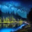 Placeholder: forest at night, river, mountain, night sky, landscape, detailed, 4k