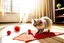 Placeholder: cute fluffy chibi beige cat playing with a giant plush red covid virus in a modern hall on a carpet in sunshine