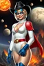 Placeholder: Karen Starr, full body, young athletic white female, crew cut bleach-blonde hair, thin, wearing blue goggles over her eyes, black cowboy hat, semi-pointed chin, muscular build, Wearing white long-sleeved bodysuit with high collar with plunging neckline, blue elbow gloves, red belt with gold buckle, red cape, blue knee boots. Big smile. Background: outer space, planets, stars, galaxies, fire, explosions, volcanic lava, craggy peaks. Photorealistic