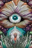 Placeholder: mushroom that have in the middle of its stem half closed eye and the background has of each corner humanoid entity looking at the mushroom with psychedelic eyes in mandala shape background