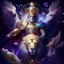 Placeholder: A god-like man with infinite power who holds the galaxies and wears a beautiful crown, a jewel made of diamonds and galaxies with weapons, riding on a lion with an eagle's head and eagle's wings.