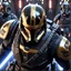 Placeholder: star wars bald male corellian pilot wearing pearlescent black and gunmetal grey First Order special forces heavy assault stealth commando armor and helmet with gold trim inside the jedi temple, hyperdetailed, dynamic lighting, hyperdetailed background, 8k resolution, volumetric lighting, light skin, fully symmetric details