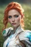 Placeholder: female elf, high cheekbones, white high tech armor, armored jaw, armored neck, glowing blue crystal in the center of the armor, laying at grassfield, pose laying on the back, single character, bright red hair, green eyes, photorealistic, realism, realistic, cybernetic jaw, bokeh