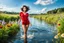 Placeholder: beautiful girl supper model, in nice red top ,blue short pants, with curvy hair,perfect face,perfect eyes,country side wavy narrow river ,wild flowers ,blue sky nice clouds,swimming in water with splash