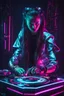 Placeholder: Cyborg Girl playing turntable dj pleyer in a dark neon room