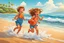 Placeholder: two cute children running along the shoreline, with the ocean waves in the background. They are laughing and jumping in the sandy area near the water. happy mood, vibrant colors, high detailed, cinematic