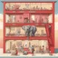 Placeholder: A vertical cross section of a multi-story building showing various rooms and inhabitants, including a person in a red shirt reading at a desk, another person dressed in pink washing clothes, and an elephant in a room with a red wall, with a sky sunny outside