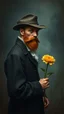 Placeholder: Hieronymus Bosch and Van Gogh styles , a gentleman holding a flower looking at you In foggy smoky background