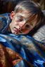 Placeholder: oil painting portrait of metallic sleeping slightly cute smirking innocent blue eyed vampire on a towel, bokeh , high detail, smooth render, prize winning, down light, depth of field, aura, in wind