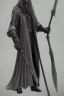 Placeholder: Tall Wizard, dark broody, long staff in hand, grey cloak, photorealistic, lightning background