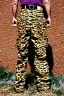 Placeholder: year 1997 denim fashion, Techno, "combat pants", cargo, Loose fit, low waist, baggy. Colors: denim blue, blue, purple, khaki, light green, lilac, plum, orange, terracotta, red, pink, dark blue, beige. Patterns: cheetah, balls, stripes. cheetah belt. Something between camouflage and cheetah prints. Women models. Sharon Stone, Sandra Bullock, Winona Ryder, Milla Jovovich, Big tennis shoes on. Latex in small part, areas, clothes..Combat pants. Leg warmers.