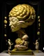 Placeholder: a huge golden inflated sculpture of brain supported by very small beautiful Asian female human bodies, Communist propaganda slogan banner,complex surgical instruments,a newborn boy between light and shadow, black background,surrealism, symbolism, minimalism, sculpture by Lucian Freud, Rene Magritte, Salvador Dali