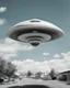 Placeholder: Design a retro futuristic, UFO hovering in a clear blue daytime, photorealism, surrealism, black and white photography, analog film, highly detailed