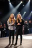 Placeholder: Norwegian Identical teenage twins celebrites, same sex gender standing on a stage with holding their hands, lot of photographers, flashing lights, identical twins with same sex gender, Identical twins, Celebrites