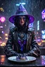 Placeholder: sacred geometry framed dinner plate, black, blue and purple noen cyber punk dancer thief in soaked rain coat and cowboy witch hat shadows boss card in the style of Giger and fallout 4 ,,bokeh like f/0.8, tilt-shift lens 8k, high detail, smooth render, down-light, unreal engine