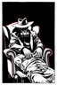 Placeholder: western styles man with hat (wide flat brim flat top) shading face, wearing a gas-mask, sitting forward on a wingback chair while leaning in to intimidate a man tied to a chair, vignette, black and white graphic novel style with a red outline on black background, gothic horror
