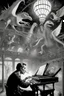 Placeholder: close up on face of comic news paper journalist horror harlequin playing burning piano smoking as geese dinosaur reptiles in very bright light bulb factory on the bridge train station with twisted ladders with the most a confused look on his face in front of a huge glass prism clock with angels crawl in from the dark shadows, in the style of Escher and Dali and Cthulhu