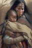 Placeholder: A valorous mother adorned with traditional attire worn by American Indian warriors traverses the battlegrounds of war with her cherished infant nestled firmly upon her back in a protective yet nurturing embrace