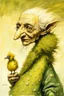 Placeholder: Artist Jean-Baptiste Monge style. A biomorph banana-headed old woman. White eyes. A yellow dotted green furry feathered fluffy dress.