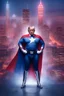 Placeholder: Donald Trump as 'Maga Man,' Extremely Muscular, Skintight, formfitting, red, white-and-blue bodysuit, blue cape, silver boots, Multicolored vortex, neon lit futuristic cityscape, mist, fog, speed, extremely overexaggerated musculature, "MAGA MAN"