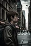 Placeholder: un joven divagando en la ciudad perdido en sus pensamientos mientras, a su alrededor, la ciudad sigue sus movimientos cotidianos