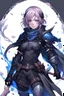 Placeholder: Dark Souls manga-style androgynous girl with pale pink hair, dark silver metal tiara, and blue warrior eyes, with medium dark blue leather armor, in a black coat, with dark blue gems in her greaves and gauntlets, holding two curves black claymores in both hands, with fight spirit in her eyes, fullbody