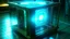 Placeholder: Cube tesseract from movie Loki. Located strictly in the middle of picture with space around it and with navy blue/green glow inside tesseract. Without surface/table on which it stay.