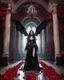 Placeholder: Facing front photography realistic Full body,creepy Vampire ghost woman long hair straddle wings bat she on standing on creepy,in mystery palace vampire,red roses flowers sorrounded background,dramatic angle, extreme angle shot, trypophobia, horror