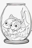 Placeholder: blank colouring book, white blank background, simple picture for toddlers, fish in a glass bowl, disney and pixar style