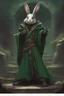 Placeholder: Male rabbitfolk with black fur and Hazel eyes wearing a emerald green robes in a fantasy setting, sorcerer of life