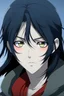 Placeholder: a handsome anime boy with long black hair and hazel eyes with cold demeanor and red cheeks.