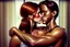 Placeholder: digital art of beautiful auburn hair teenage laracroft girls with grandpa in a bedroom, hugging dad bare lips