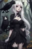 Placeholder: CAT GIRL, goth, forest, nature, cartoon, leaves, half black half white hair, boobs, ravens