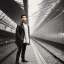 Placeholder: A young Asian man with long hair and a black trench coat waiting for a woman at a train station in istanbul