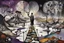 Placeholder: face to the camera in midle one alone human figure with a big map his hands in weird whimsical clothes stands on thin weird bridge , weird whimsical landscape, forest, and Sahara water and rocks,, around surreal cracked painted weird land with some black doors. dark purple, gray, black, white, brown,deep colors. style of Chagall , of Minjae Lee and Tim Burton, absurd beauty. broken, weird bizarre absurd, nightmare, neuron network background, surreal vibe