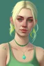 Placeholder: Realistic young woman, neck length white blonde hair in a half ponytail, pale skin, light blue eyes, freckles, big boobs, big green earrings, green and gold necklace, green tank-top with blue overalls on top, grey plant tattoo on arm