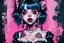 Placeholder: Poster in two gradually, a one side malevolent goth vampire girl face and other side the Singer Melanie Martinez face, full body, painting by Yoji Shinkawa, darkblue and pink tones,