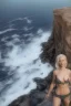 Placeholder: blonde woman standing at the edge of a cliff waves crashing against the rocks below