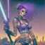 Placeholder: Una mujer egirl de pelo violeta cyberpunk con tatuajes fittnes en armadura plateada futurista en un estilo de comic de 1980 en un wasteland en montevideo con una sable de luz tipo star wars.