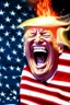 Placeholder: donald trump burns the american flag while maniacally laughing